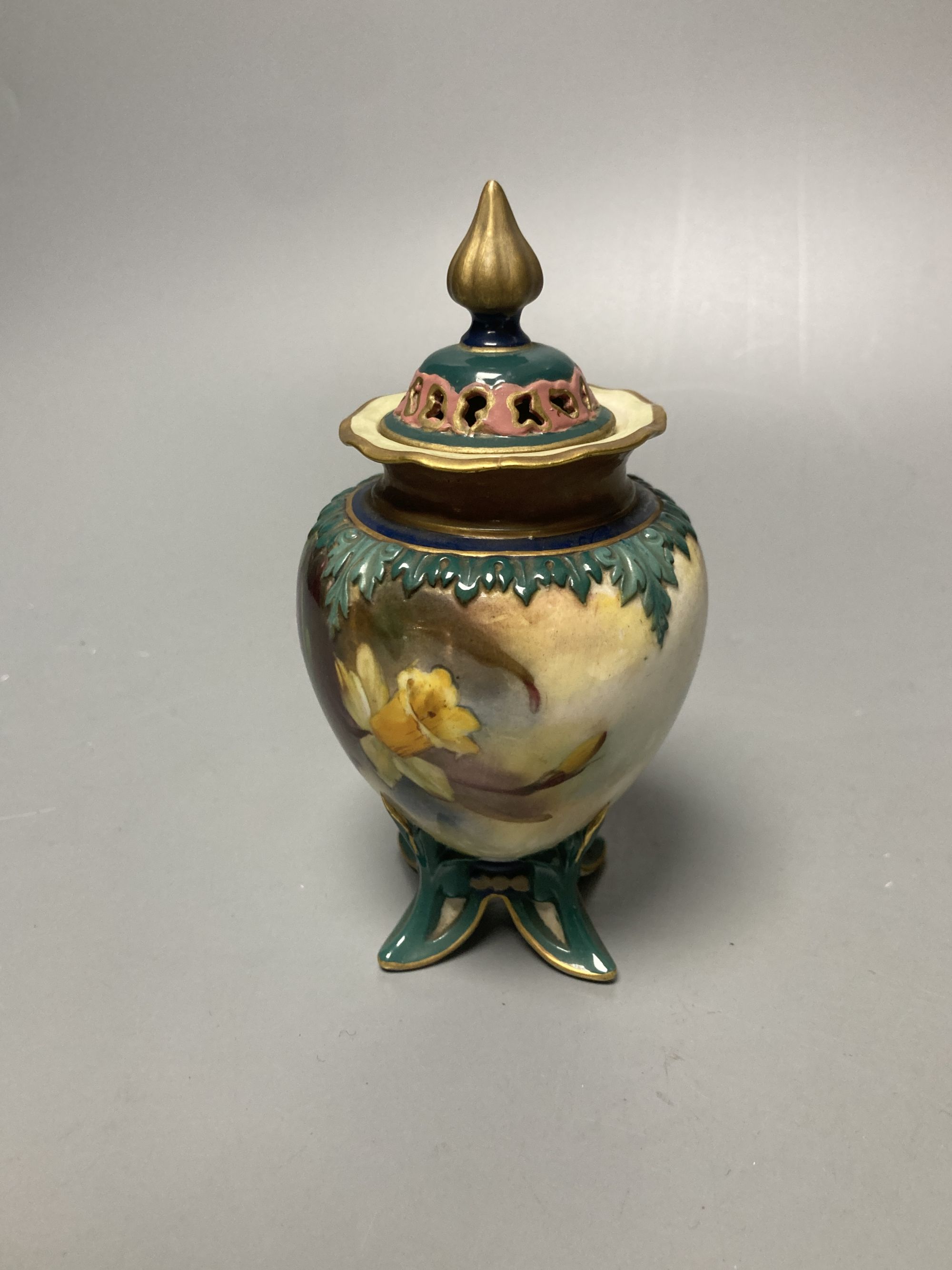 A Hadley's Worcester pot pourri vase, plate painted by Powell and Locke Worcester vase, tallest 13cm